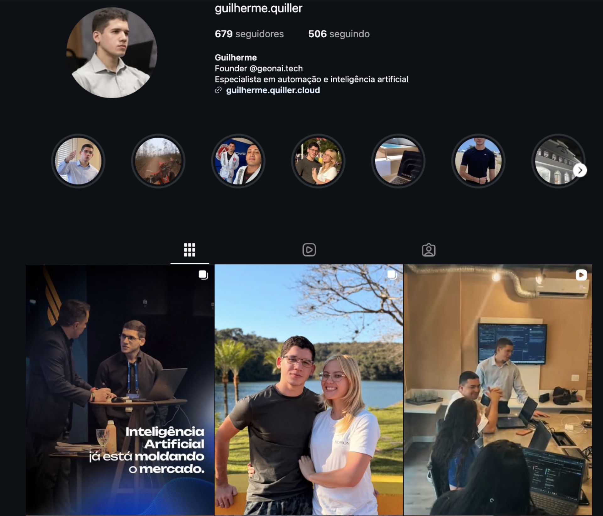 Prévia do perfil de Instagram de Guilherme Quiller, com sua apresentação e publicações.
